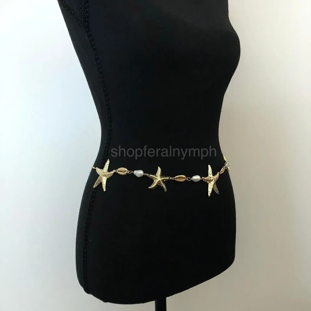 Y2K Mermaidcore Gold Starfish Shell Chain Belt, Fits 24–38 Inches, X7GA1157